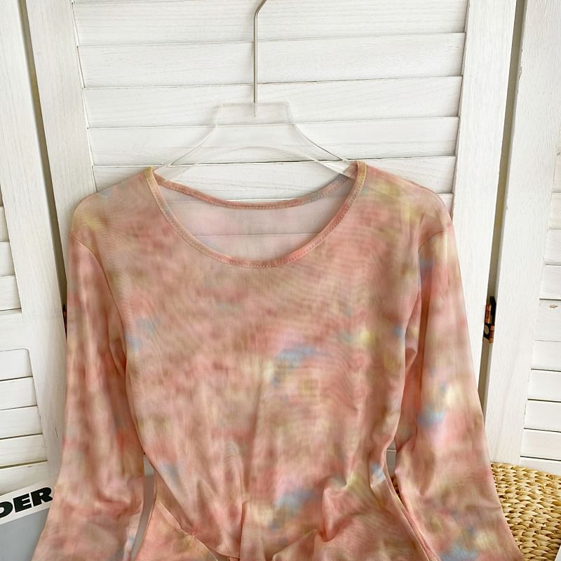 Long-Sleeve Round Neck Tie Dye Asymmetrical Lace Up Mesh Top