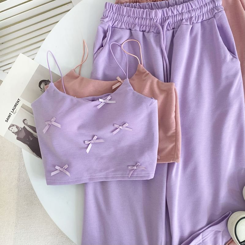 Set: Plain Bow Crop Camisole Top + Drawstring Waist Wide Leg Sweatpants