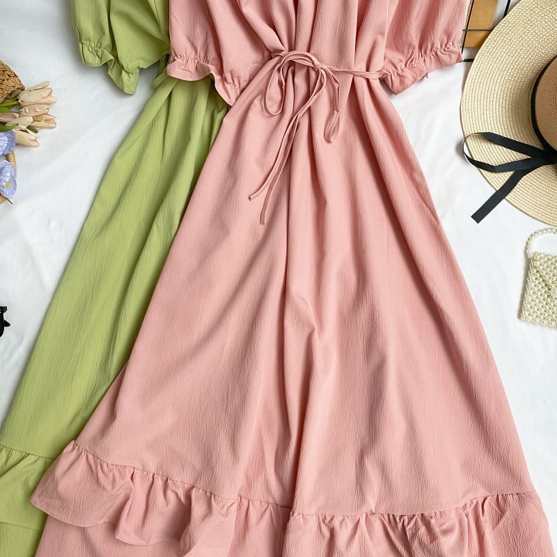 Short-Sleeve Round Neck Plain Ruffle Shirred Maxi A-Line Dress