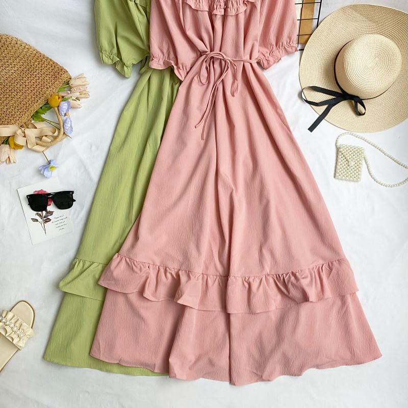 Short-Sleeve Round Neck Plain Ruffle Shirred Maxi A-Line Dress