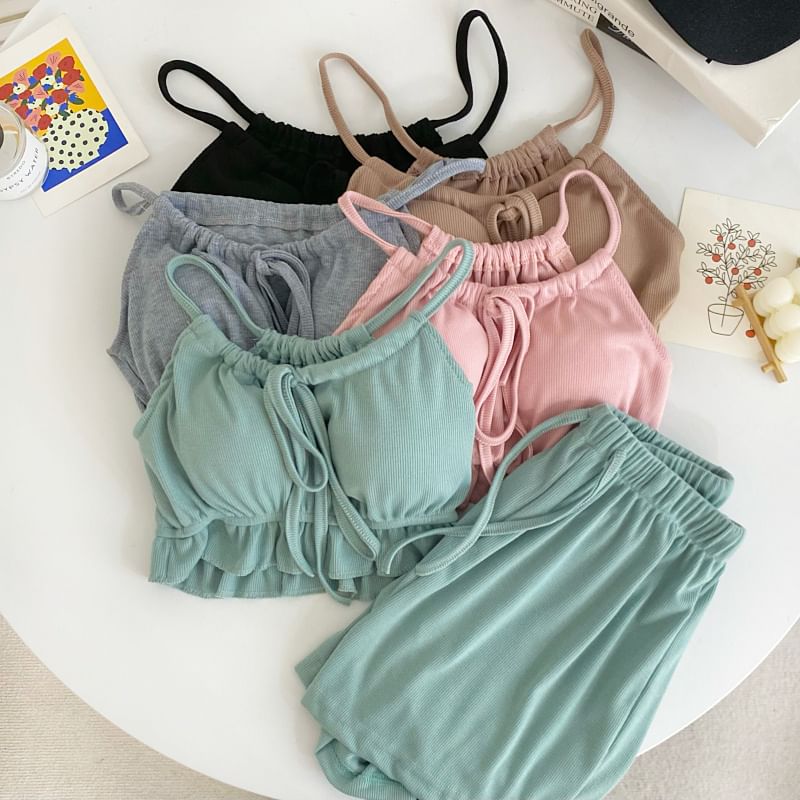 Set: Plain Ruffle Tie-Up Crop Camisole Top + Drawstring Waist Shorts