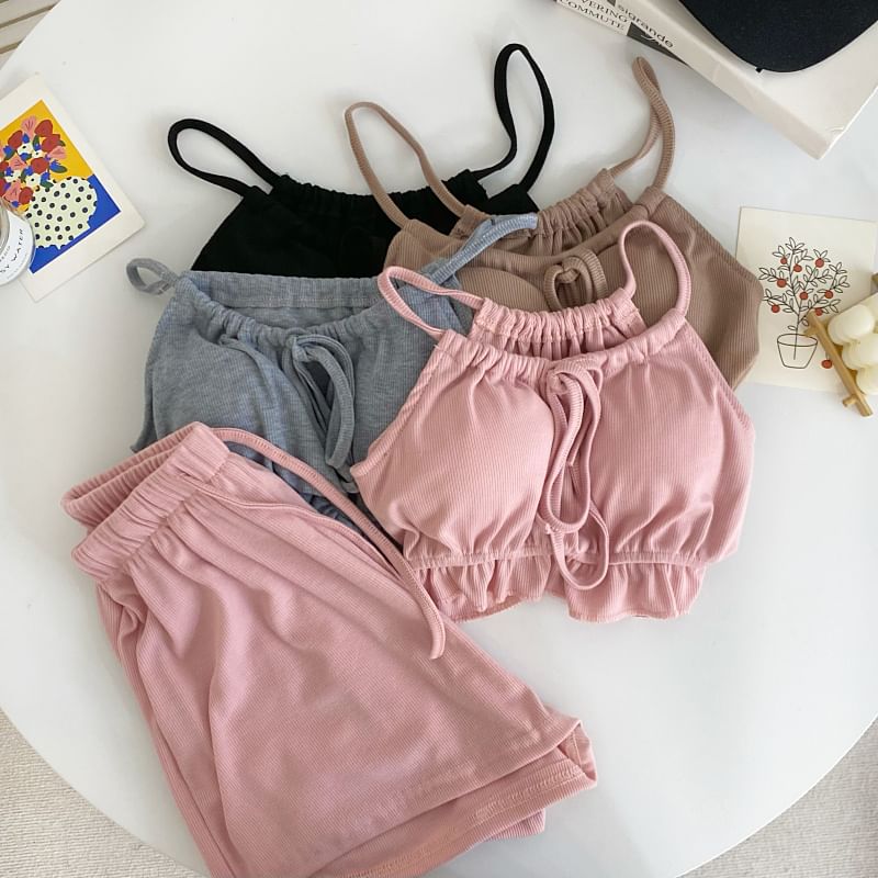 Set: Plain Ruffle Tie-Up Crop Camisole Top + Drawstring Waist Shorts