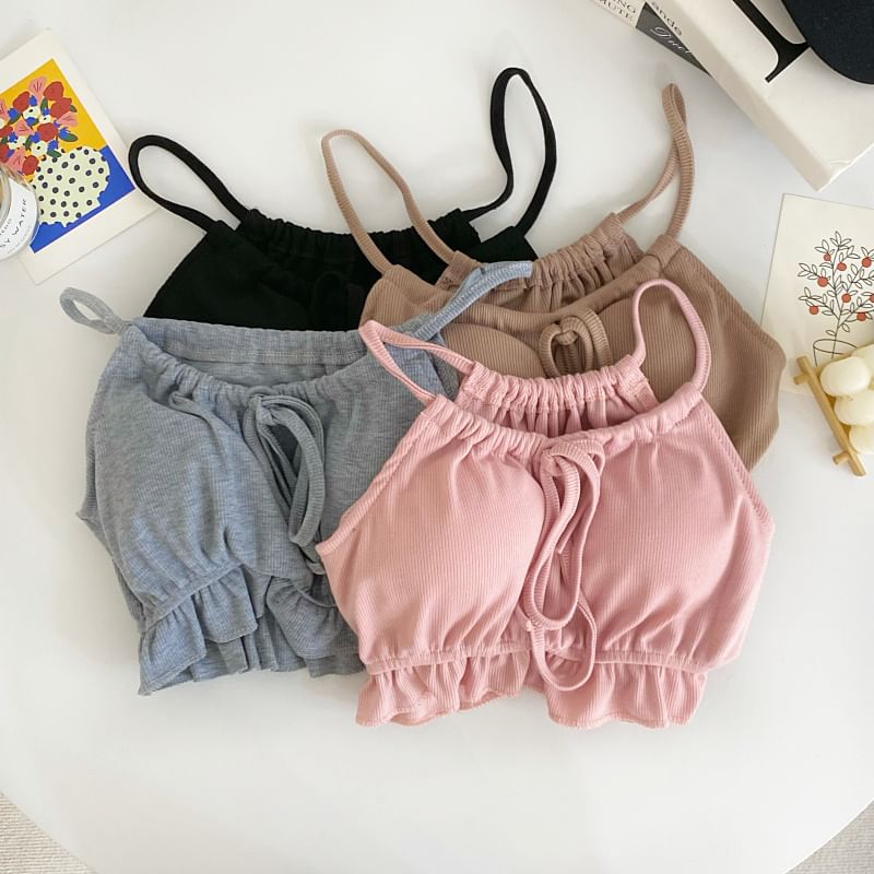 Set: Plain Ruffle Tie-Up Crop Camisole Top + Drawstring Waist Shorts