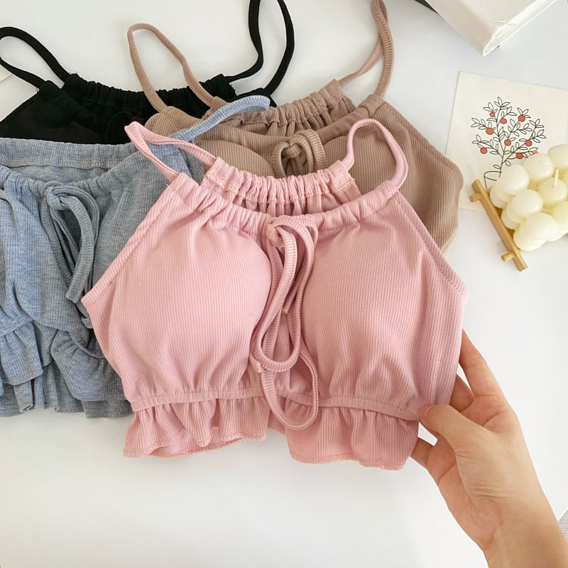 Set: Plain Ruffle Tie-Up Crop Camisole Top + Drawstring Waist Shorts