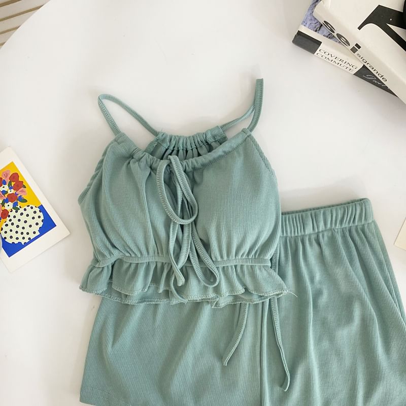 Set: Plain Ruffle Tie-Up Crop Camisole Top + Drawstring Waist Shorts