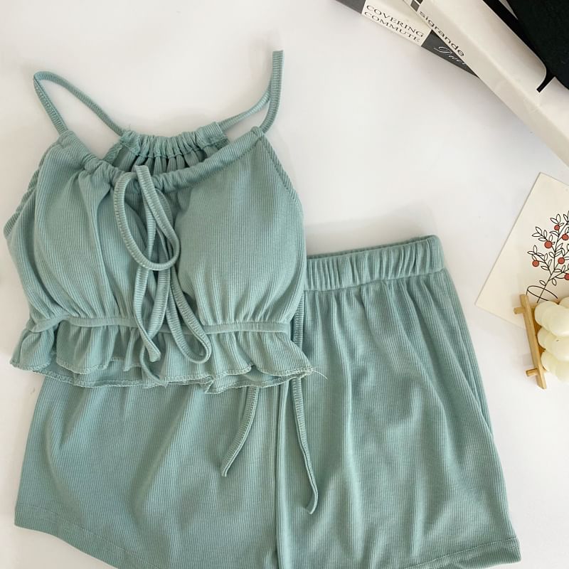 Set: Plain Ruffle Tie-Up Crop Camisole Top + Drawstring Waist Shorts