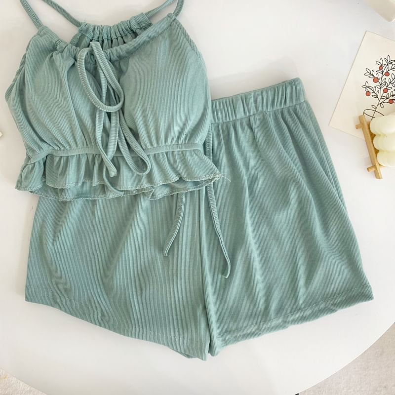 Set: Plain Ruffle Tie-Up Crop Camisole Top + Drawstring Waist Shorts