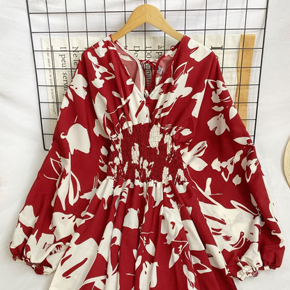 Short-Sleeve V-Neck Floral Print Shirred Maxi A-Line Dress