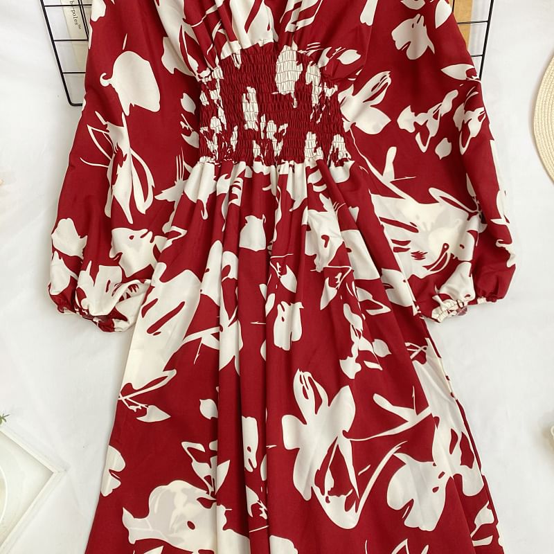 Short-Sleeve V-Neck Floral Print Shirred Maxi A-Line Dress