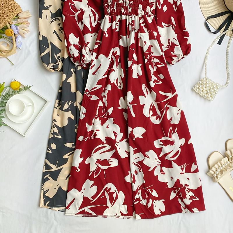 Short-Sleeve V-Neck Floral Print Shirred Maxi A-Line Dress