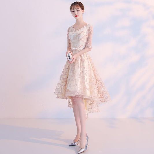 Elbow-Sleeve V-Neck Patterned A-Line Cocktail Dress