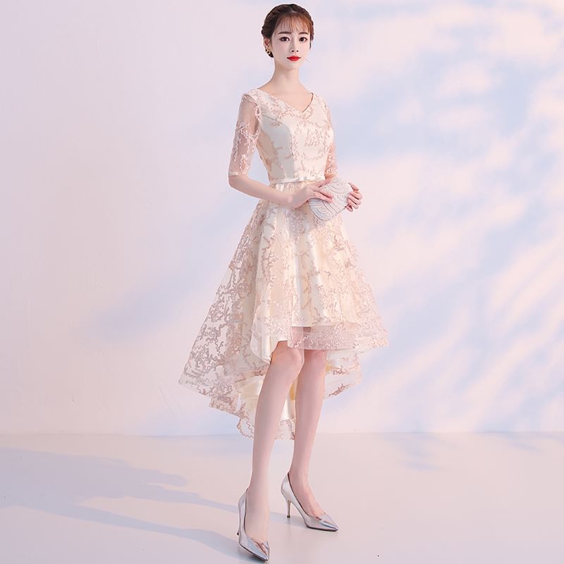 Elbow-Sleeve V-Neck Patterned A-Line Cocktail Dress