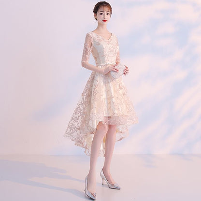 Elbow-Sleeve V-Neck Patterned A-Line Cocktail Dress