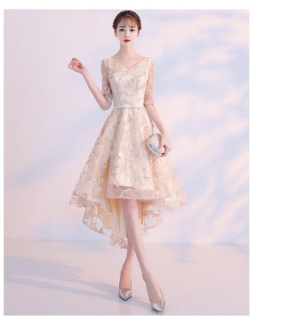 Elbow-Sleeve V-Neck Patterned A-Line Cocktail Dress