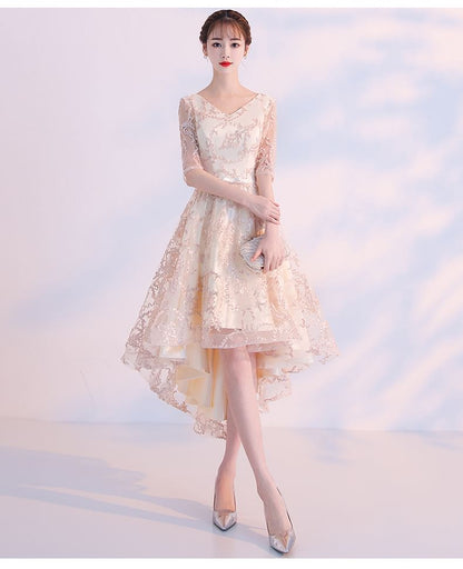 Elbow-Sleeve V-Neck Patterned A-Line Cocktail Dress