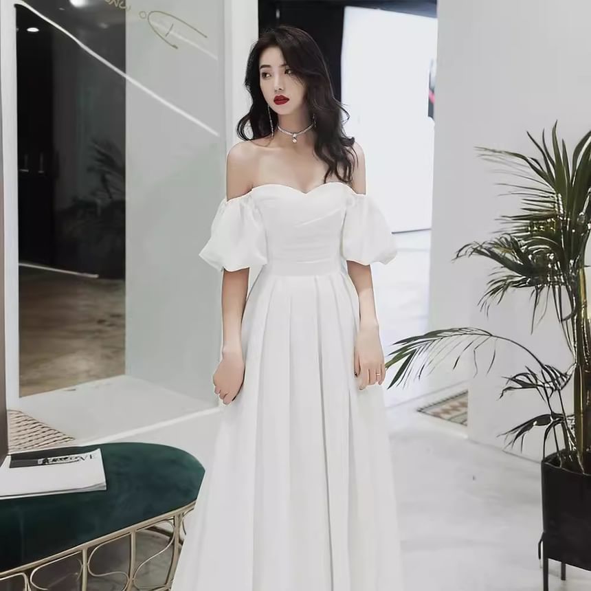 Puff-Sleeve Off-Shoulder Plain A-Line Evening Gown