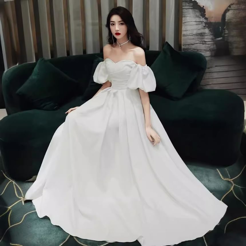 Puff-Sleeve Off-Shoulder Plain A-Line Evening Gown