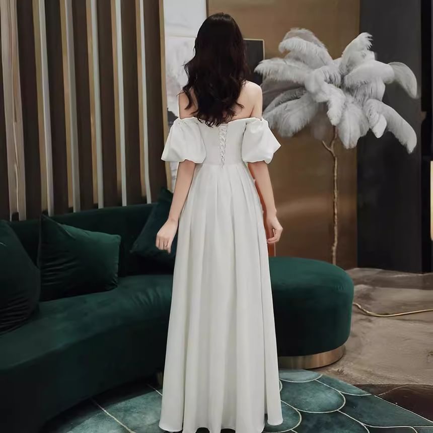 Puff-Sleeve Off-Shoulder Plain A-Line Evening Gown