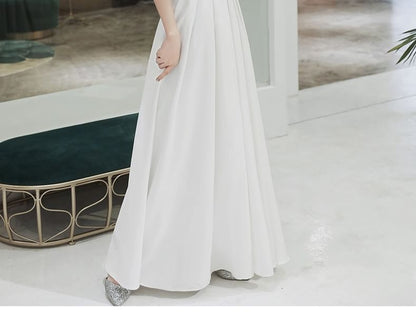 Puff-Sleeve Off-Shoulder Plain A-Line Evening Gown