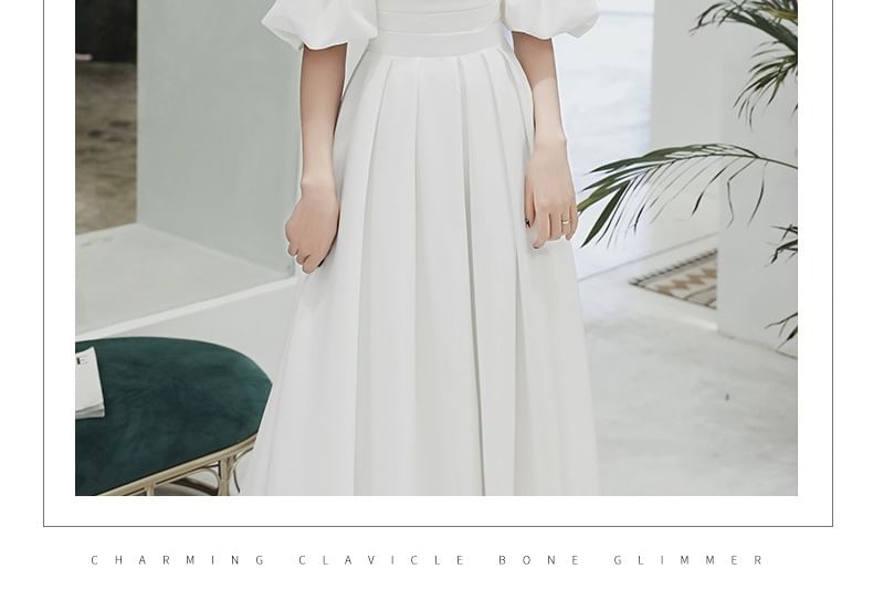 Puff-Sleeve Off-Shoulder Plain A-Line Evening Gown