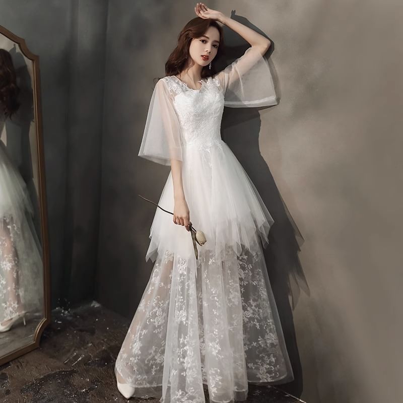 Gown A-Line Evening Embroidered Flared-Sleeve Flower