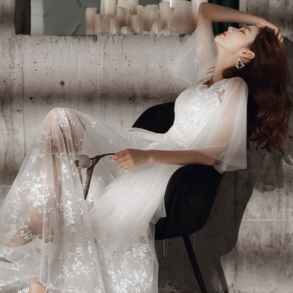 Gown A-Line Evening Embroidered Flared-Sleeve Flower