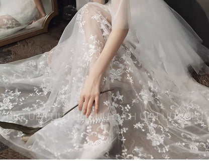 Gown A-Line Evening Embroidered Flared-Sleeve Flower