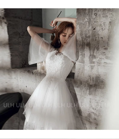 Gown A-Line Evening Embroidered Flared-Sleeve Flower