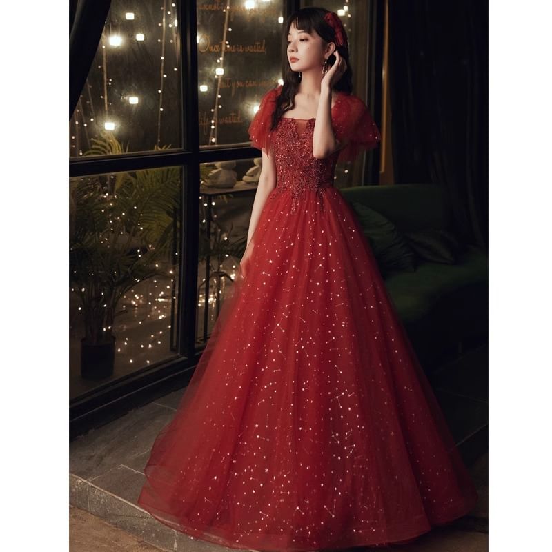 A-Line Sequin Gown Short-Sleeve Evening