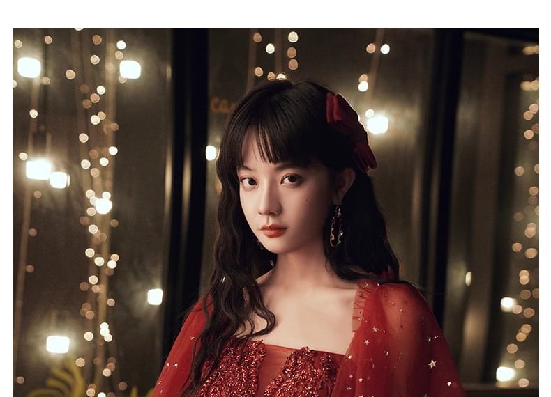 A-Line Sequin Gown Short-Sleeve Evening