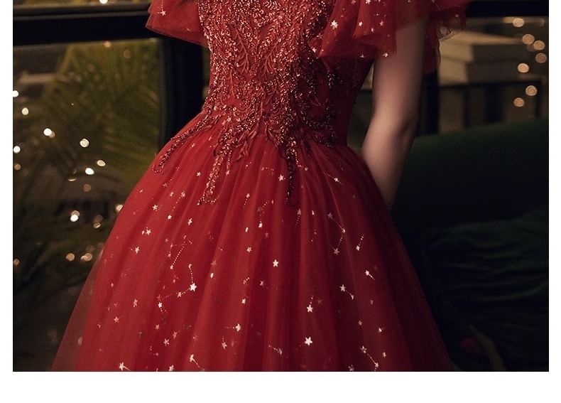 A-Line Sequin Gown Short-Sleeve Evening