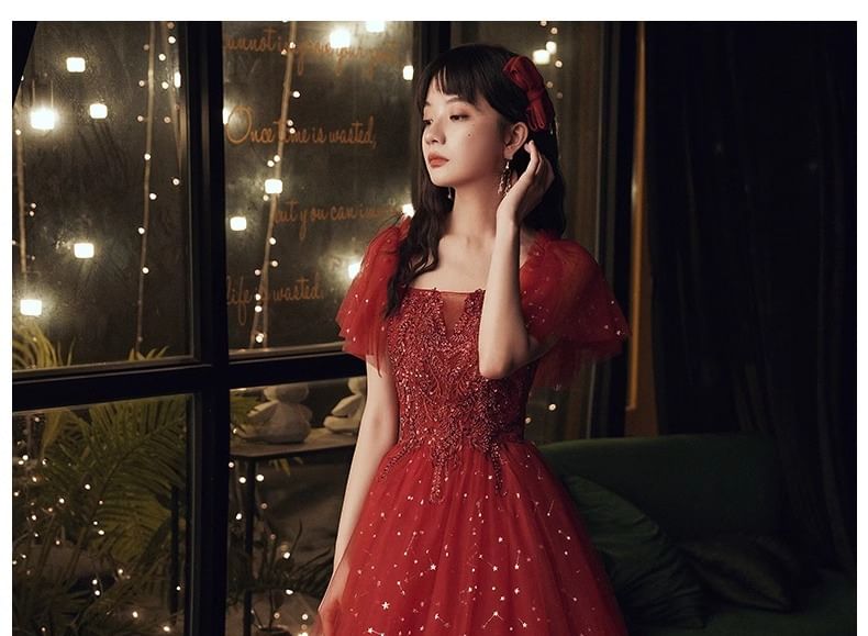 A-Line Sequin Gown Short-Sleeve Evening