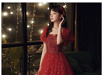 A-Line Sequin Gown Short-Sleeve Evening