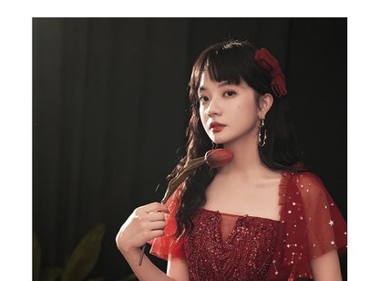 A-Line Sequin Gown Short-Sleeve Evening