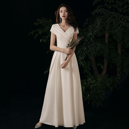 Short-Sleeve V-Neck Plain A-Line Evening Gown / Midi Cocktail Dress