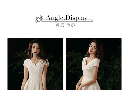 Short-Sleeve V-Neck Plain A-Line Evening Gown / Midi Cocktail Dress