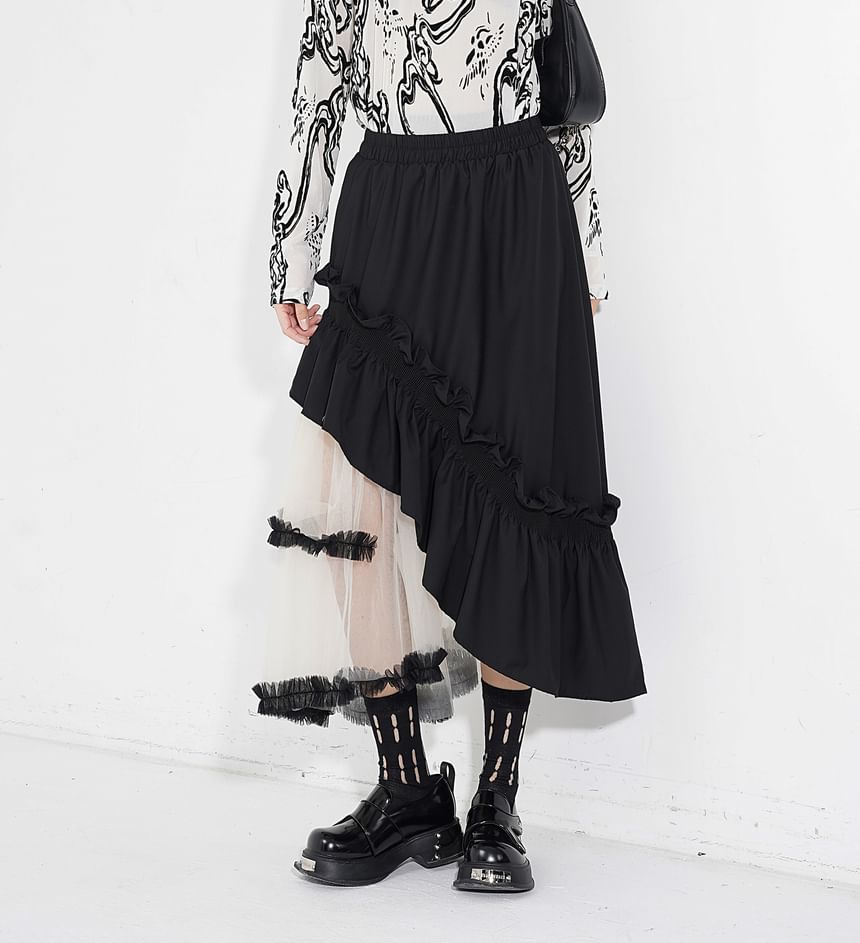 Two-Tone Ruffle Asymmetrical Mesh Midi A-Line Skirt with Elastic Waist