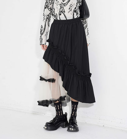 Two-Tone Ruffle Asymmetrical Mesh Midi A-Line Skirt with Elastic Waist