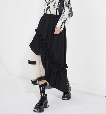 Two-Tone Ruffle Asymmetrical Mesh Midi A-Line Skirt with Elastic Waist
