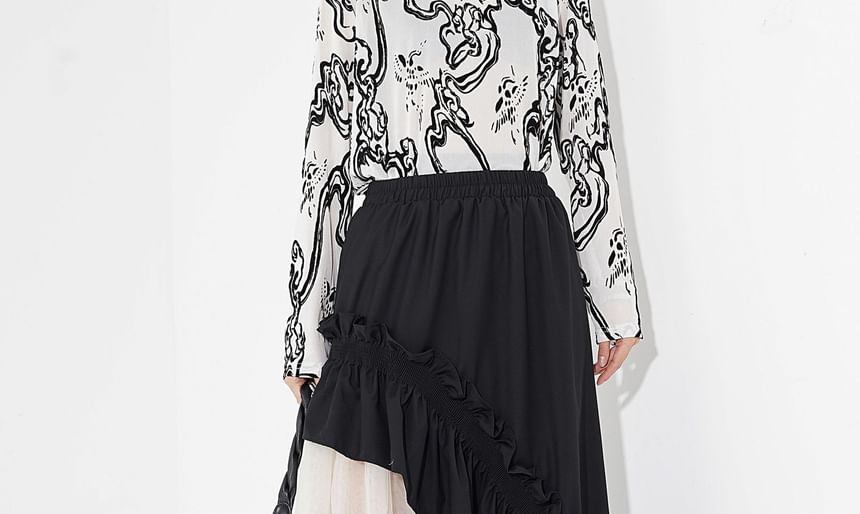 Two-Tone Ruffle Asymmetrical Mesh Midi A-Line Skirt with Elastic Waist