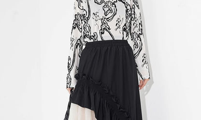 Two-Tone Ruffle Asymmetrical Mesh Midi A-Line Skirt with Elastic Waist