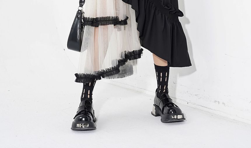 Two-Tone Ruffle Asymmetrical Mesh Midi A-Line Skirt with Elastic Waist