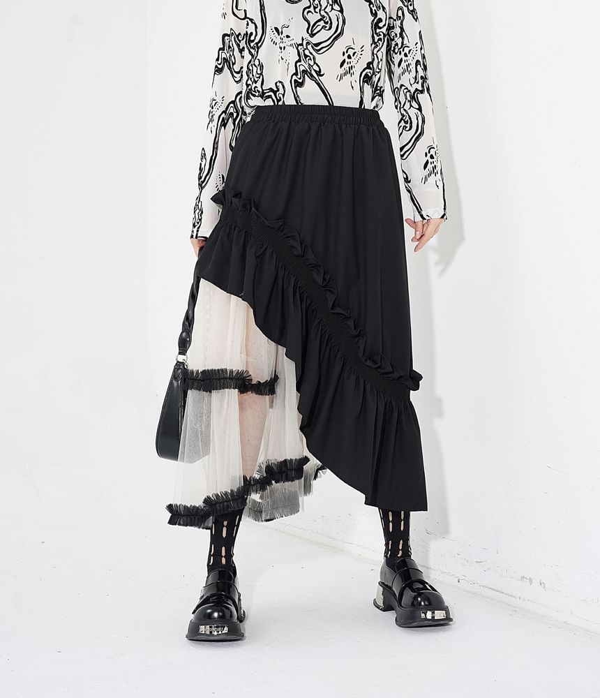 Two-Tone Ruffle Asymmetrical Mesh Midi A-Line Skirt with Elastic Waist