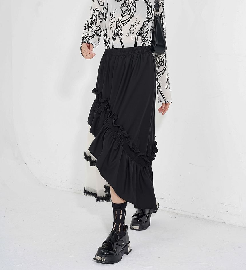 Two-Tone Ruffle Asymmetrical Mesh Midi A-Line Skirt with Elastic Waist