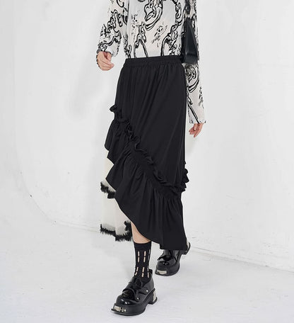 Two-Tone Ruffle Asymmetrical Mesh Midi A-Line Skirt with Elastic Waist