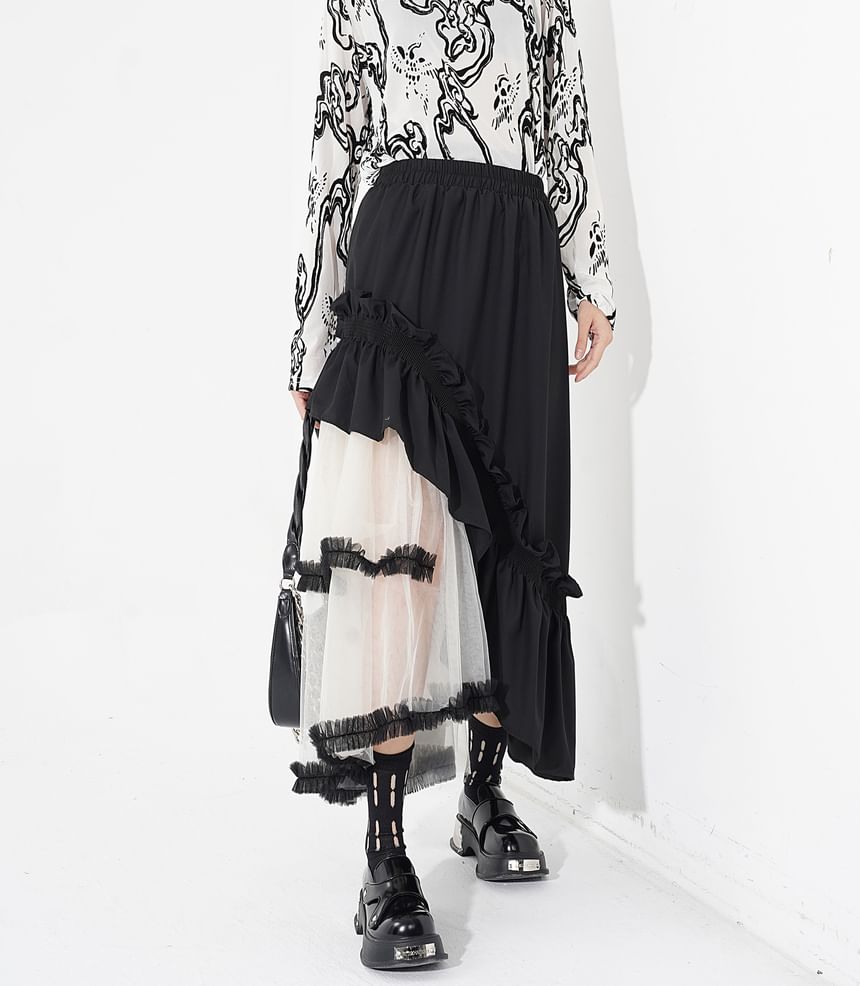 Two-Tone Ruffle Asymmetrical Mesh Midi A-Line Skirt with Elastic Waist