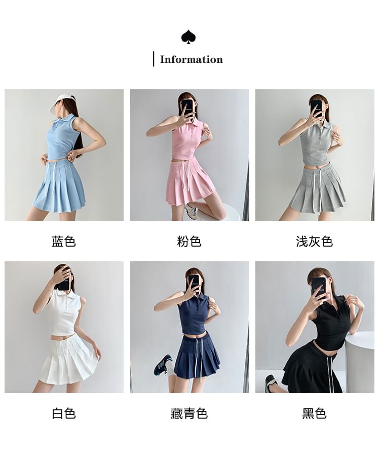 Sleeveless Cropped Polo Shirt with Pleated Mini Skirt in 6 Colors