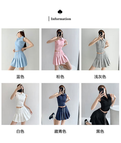 Sleeveless Cropped Polo Shirt with Pleated Mini Skirt in 6 Colors