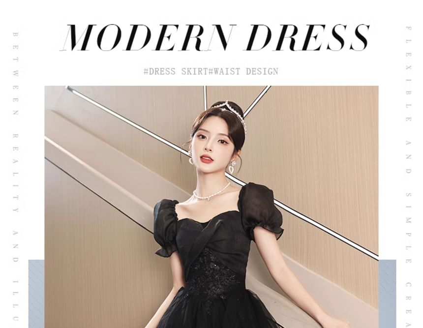 Short-Sleeve Evening A-Line Gown Sequin Mesh