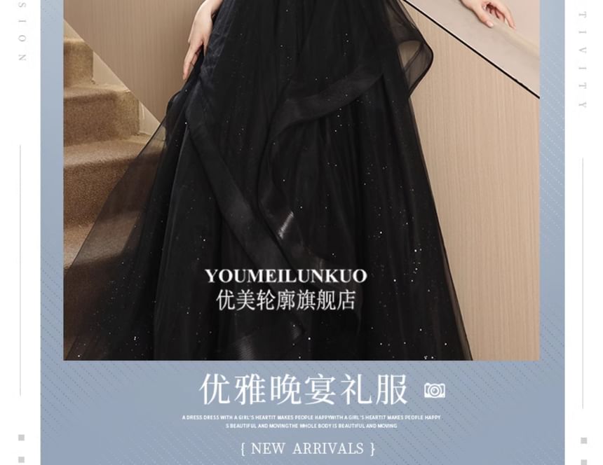 Short-Sleeve Evening A-Line Gown Sequin Mesh